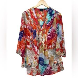 Tribal Vibrant Floral Tunic Top Lightweight Pin Tuck Detail Womens 10
